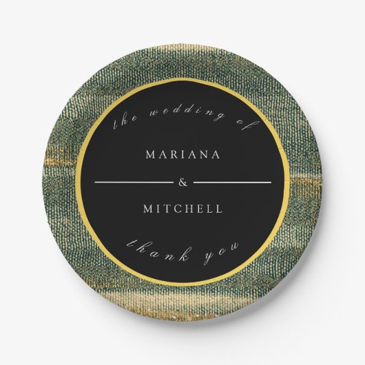 Eleganter grüner Brush mit Gold und schwarz, rund Pappteller (Vorderseite)