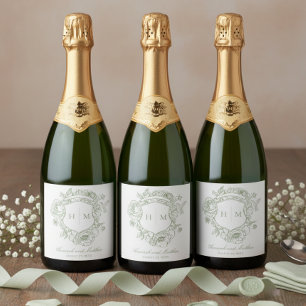 Eleganter grüner Chinoiserie-Vogelkamm-Hochzeitssc Schaumweinetikett
