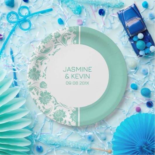 Eleganter grüner Damask und weißer Trennbildschirm Pappteller (Party)