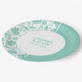 Eleganter grüner Damask und weißer Trennbildschirm Pappteller (Schrägansicht)