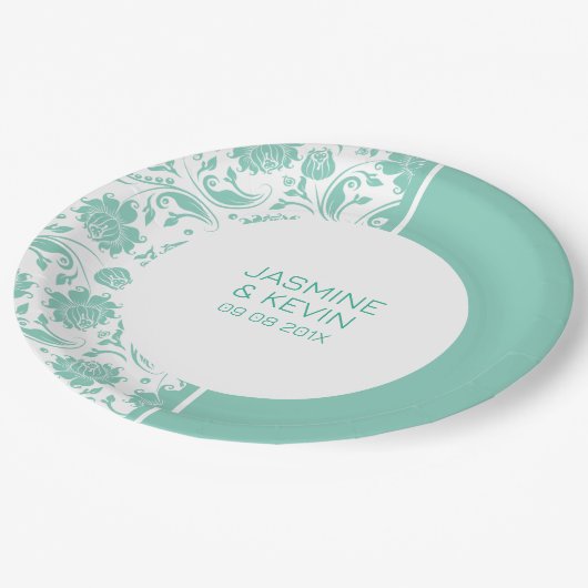 Eleganter grüner Damask und weißer Trennbildschirm Pappteller (Schrägansicht)