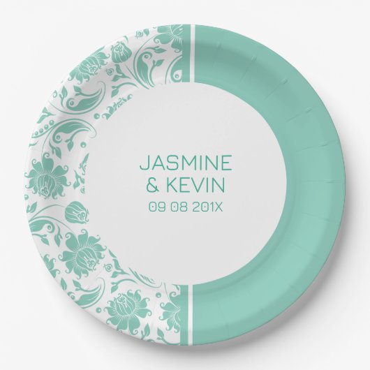 Eleganter grüner Damask und weißer Trennbildschirm Pappteller (Vorderseite)