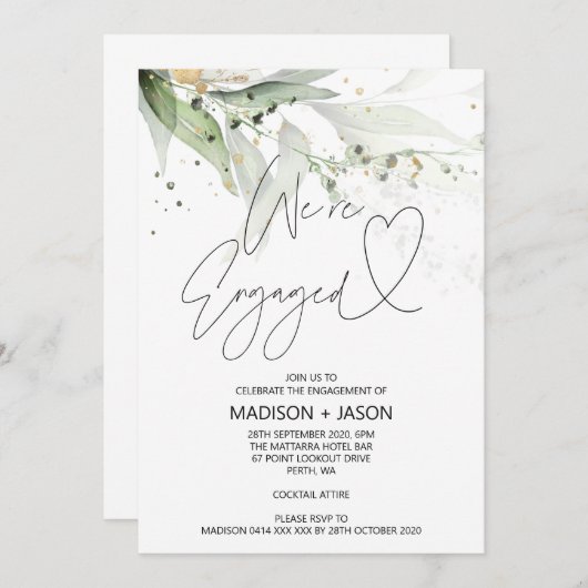 Eleganter grüner Eukalyptus Wir sind Verlobte Verl Einladung (Vorne/Hinten)