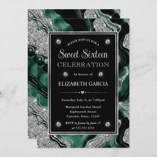 Eleganter grüner Foil & Silver Glitzer Agate Sweet Einladung (Vorne/Hinten)