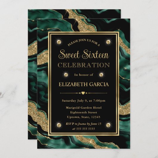 Eleganter Grüner Foil und Gold Glitzer Agate Sweet Einladung (Vorne/Hinten)