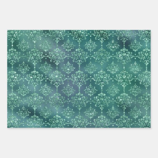Eleganter grüner Glitzer Damask Geschenk Geschenkpapier Set (Vorderseite)