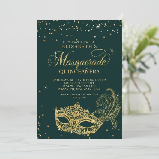 Eleganter grüner Glitzer Masquerade Quinceañera Einladung (Stehend Vorderseite)