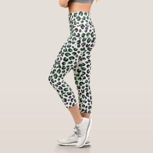 Eleganter grüner Glitzer Schwarzer Leopard-Tierdru Capri Leggings