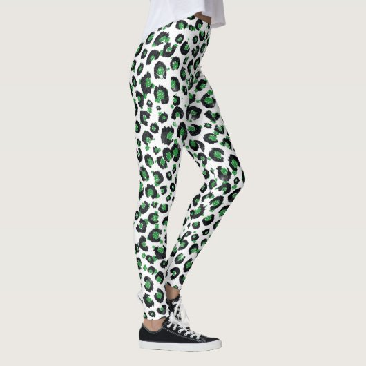 Eleganter grüner Glitzer Schwarzer Leopard-Tierdru Leggings (Rechts)