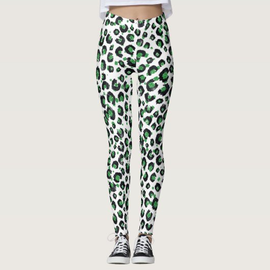 Eleganter grüner Glitzer Schwarzer Leopard-Tierdru Leggings (Vorderseite)