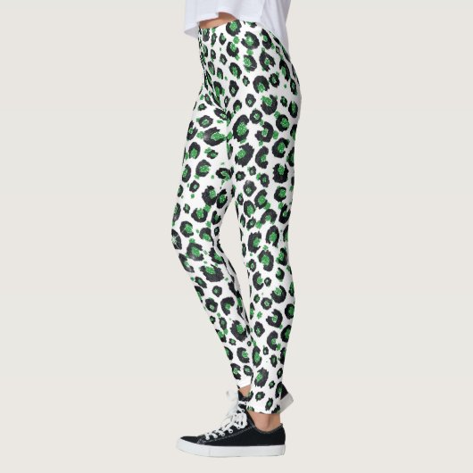 Eleganter grüner Glitzer Schwarzer Leopard-Tierdru Leggings (Links)