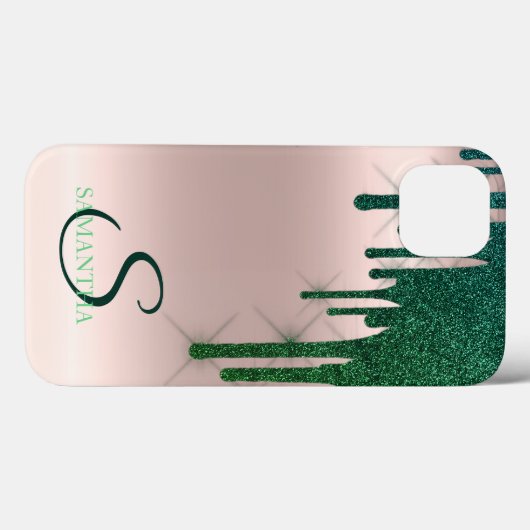 Eleganter grüner Glitzer Tropfen Rose Gold Case-Mate iPhone Hülle (Rückseite (Horizontal))