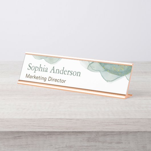 Eleganter grüner Glitzer Wasserfarbe Schreibtischnamensplakette (Vorderseite )