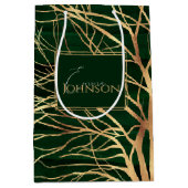 Eleganter Grüner Goldener Herbstbaum Zeichnend Mittlere Geschenktüte (Vorderseite)