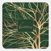 Eleganter Grüner Goldener Herbstbaum Zeichnend Quadratischer Aufkleber (Vorderseite)