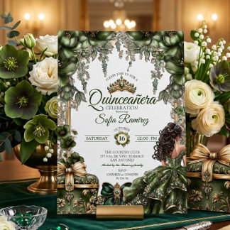Eleganter grüner goldener Tiara-Blumen-Quinceañera Einladung