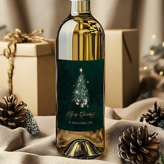 Eleganter grüner goldener Weihnachtsbaum Weinetikett