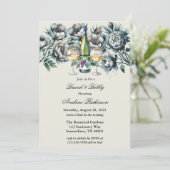 Eleganter grüner & grauer Bouquet Brunch und Bubbl Einladung (Stehend Vorderseite)
