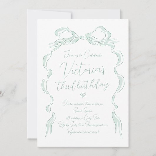 Eleganter, grüner Hand gezeichneter Bow jedes Alte Einladung (Vorderseite)