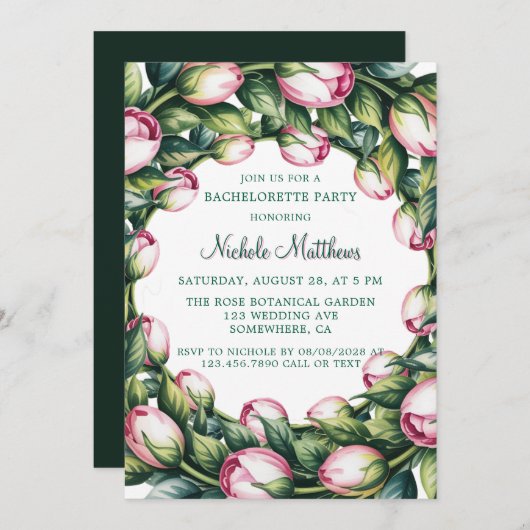 Eleganter grüner Kreide Rosa Buds Junggeselinnen-A Einladung (Vorne/Hinten)