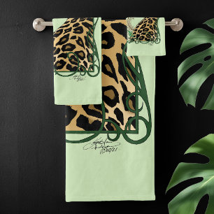 Eleganter grüner Leopard-Botanik-Henna Badhandtuch Set