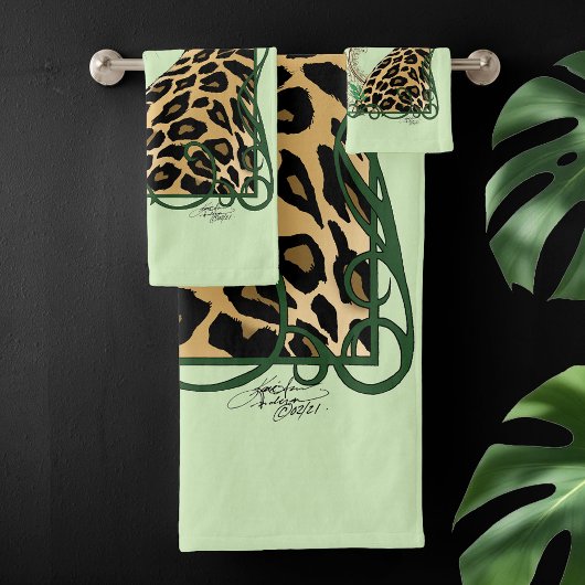 Eleganter grüner Leopard-Botanik-Henna Badhandtuch Set