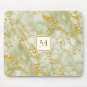 Eleganter, grüner Marmor Monogram Imitate Gold Gli Mousepad
