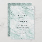 Eleganter grüner Marmor und Glitzer Hochzeit Einladung (Vorne/Hinten)