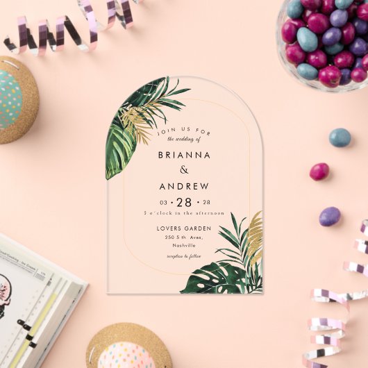 Eleganter, grüner Palm, Gold (Nachahmung) Grenze Acryleinladungen (Insitu (Feier))