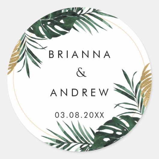 Eleganter, grüner Palm, Gold (Nachahmung) Grenze Runder Aufkleber (Vorderseite)