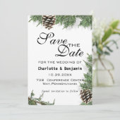 Eleganter grüner Pine Tree Winter Save the Date (Stehend Vorderseite)