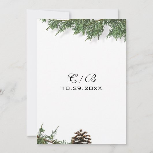 Eleganter grüner Pine Tree Winter Save the Date (Rückseite)
