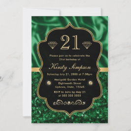 Eleganter Grüner Satin & Glitzer Gold Rahmen Gebur Einladung