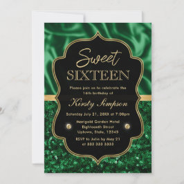 Eleganter grüner Satin & Glitzer Goldrahmen Sweet Einladung