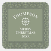 Eleganter, grüner Schneeflocken Quadratischer Aufkleber (Vorderseite)