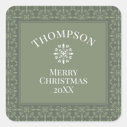Eleganter, grüner Schneeflocken Quadratischer Aufkleber (Vorderseite)