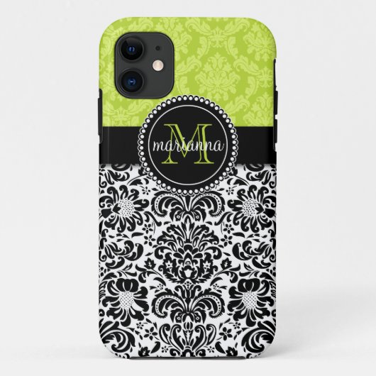 Eleganter grüner schwarzer Damast personalisiert Case-Mate iPhone Hülle (Rückseite)