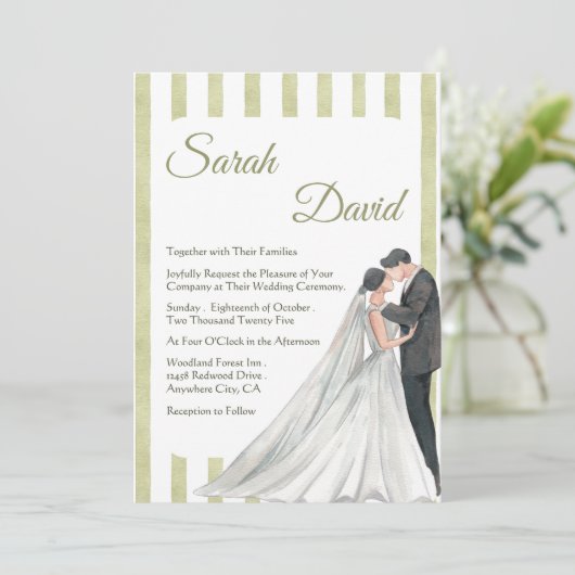 Eleganter Grüner Streifen Hochzeitsempfang mit Paa Einladung (Stehend Vorderseite)