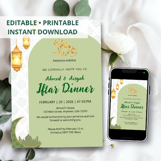 Eleganter grüner Terrakotta-Torbogen Ramadan-Iftar Einladung