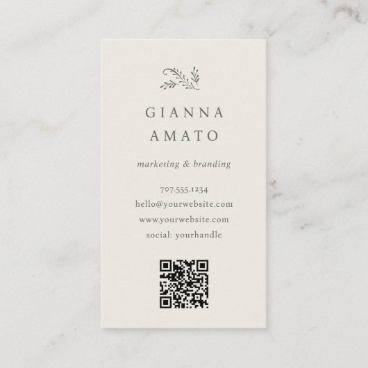 Eleganter grüner und cremefarbener QR-Code Vertika Visitenkarte (Rückseite)