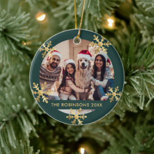 Eleganter grüner und goldener Schneefloh-Foto-Feie Keramik Ornament