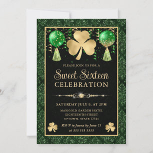 Eleganter grüner und goldener Shamrock Sweet Sixte Einladung