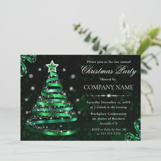 Eleganter Grüner und Silberer Funkelnd Weihnachtsb Einladung (Stehend Vorderseite)
