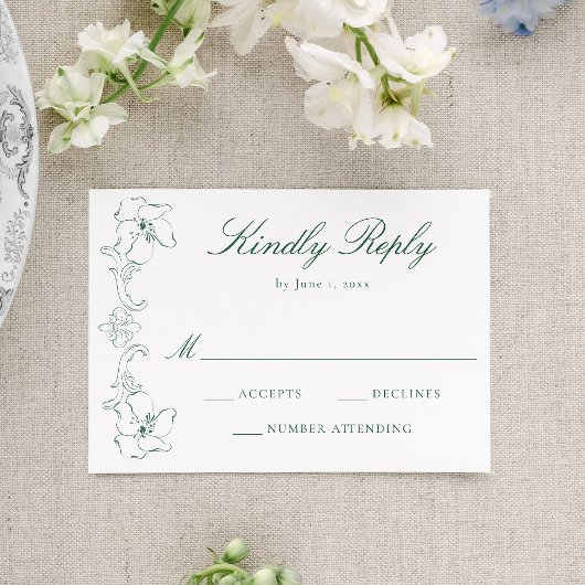 Eleganter grüner verzierter Blumenrahmen Hochzeit RSVP Karte