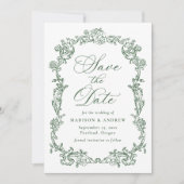 Eleganter grüner viktorianischer Blumenrahmen Hoch Save The Date (Vorderseite)