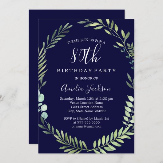 Eleganter Grüner Wasserfarbenkreuzer 80. Geburtsta Einladung (Vorne/Hinten)