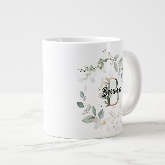 Eleganter grüner Wreath Monogramm Initial 'B' Name Jumbo-Tasse (Vorderseite Rechts)