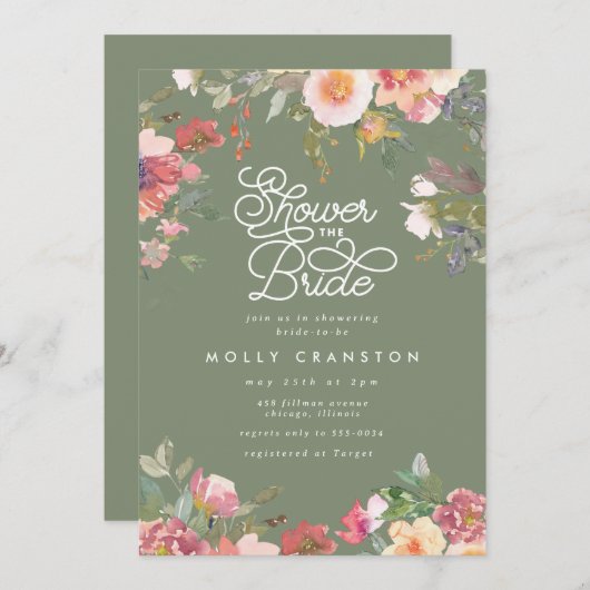 Eleganter Grüngarten Rosa Brautparty Einladung (Vorne/Hinten)