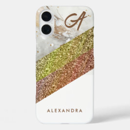 Eleganter, gürtelgoldener Glitzer aus weißem Marmo iPhone 16 Plus Hülle