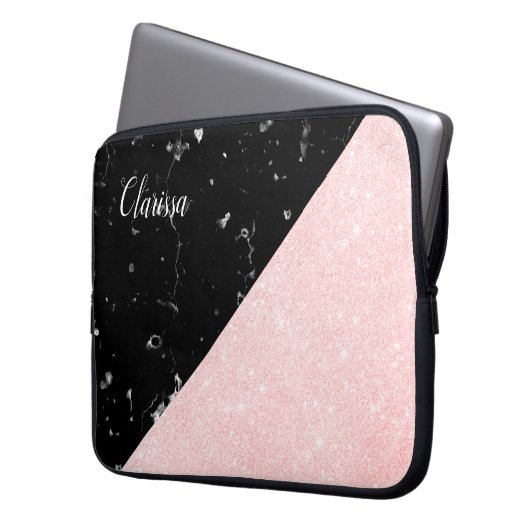 Eleganter, gürteliger Glitzer aus Rose und schwarz Laptopschutzhülle (Vorderseite Links)